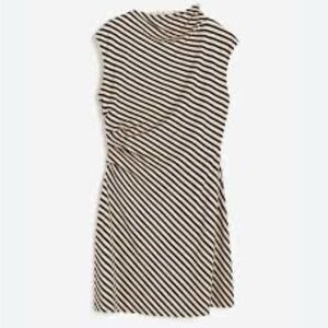 Jersey Tan & Black Diagonal Stripes Side Waist Ruching Dress Large L H & M